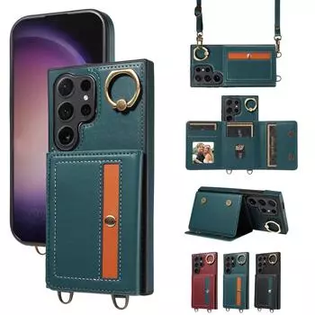 Складной чехол для телефона из искусственной кожи с отделениями для карт, кошельком, пряжкой на палец и кольцом для телефона Samsung Galaxy S22, S23, S24, A05, A12, A13, A14, A15, A52, A72, A22, A24... Samsung Galaxy A14 чёрный