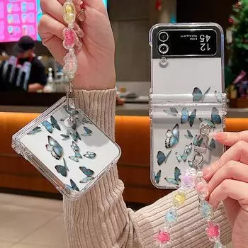 Складной чехол с бабочкой и шнурком для браслета из 2 предметов для Samsung Galaxy Z Flip6 Flip5 Flip4 Flip3, прозрачный жесткий противоударный тонкий прозрачный чехол для телефона из ПК Samsung Z Flip6