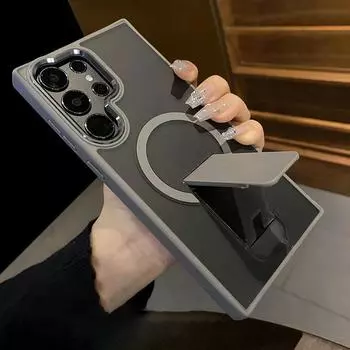 Складной держатель-подставка, магнитный беспроводной зарядный чехол для Samsung S23 S24 S25 Ultra Plus, матовый полупрозрачный противоударный бампер Samsung S23 чёрный