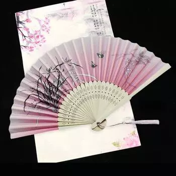 Складной искусственный веер в китайском стиле с винтажным бамбуковым женским шелковым ручным веером с цветочным узором зелёный