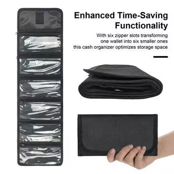 Складной кошелек с 6 карманами на молнии, водонепроницаемая портативная сумка для хранения денежных средств, билетов, денег для отпуска, сумка для покупок чёрный