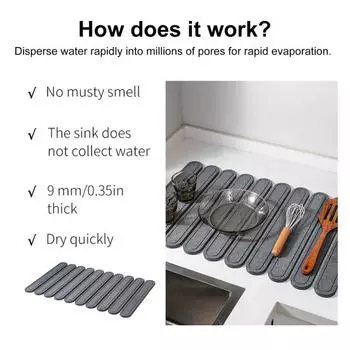 Складной коврик для сушки посуды из диатомита 24x16 дюймов, быстросохнущий впитывающий коврик для посуды белый