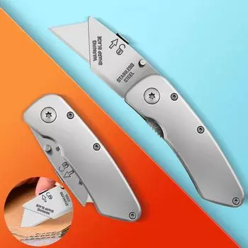 Складной нож для резки бумаги, ручка из алюминиевого сплава, сменное лезвие, нож для резки ковров, кожи, нож для обоев серебряный