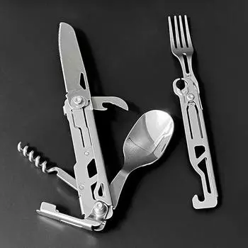 Складной нож для выживания на открытом воздухе, многофункциональный инструмент для кемпинга, пикника, съемный нож, ложка-вилка, набор столовых приборов, портативный дорожный резак серебряный