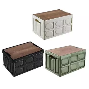 Складной органайзер на 30 л, складной ящик для хранения с деревянной крышкой для кемпинга, пешего туризма чёрный