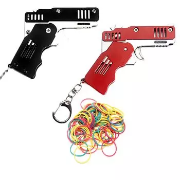 Складной пистолет-резинка Rimikuru, набор из 2 штук с 200 резинками, маленький мини-пистолет-резинка, брелок на 6 выстрелов (Черный Красный)