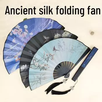 Складной пластиковый веер в старинном стиле длиной 8 дюймов с кисточкой для мужского танца ханьфу The moon is ashamed of the flowers