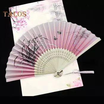 Складной ручной веер в китайском стиле для женщин, винтажный ручной веер из имитации бамбука, шелка с цветочным узором и кисточкой для украшения церкви, подарок для танцевальной вечеринки зелёный