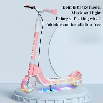 Складной самокат для детей и подростков, управляемый одним нажатием кнопки. Самокат с двойной тормозной системой, подсветкой и музыкой, регулируемым рулем. оранжевый