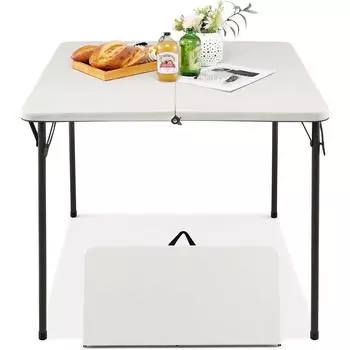 Складной стол Alocs, переносной стол для пикника, прочная металлическая рама, ручка для переноски, складной пополам пластиковый стол для кемпинга, обеда, барбекю 1371 белый