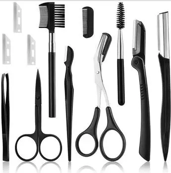 Складной триммер для бровей из нержавеющей стали для начинающих, ножницы для стрижки, черные с расческой, зажим для бровей, набор кисточек для ресниц, 12 шт.