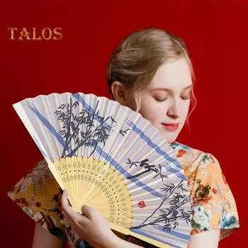 Складной веер для женщин, китайский винтажный ручной веер из имитации бамбука, шелка с цветочным узором и подвеской с кисточкой, деревянный Cheongsam, подиумный веер для зелёный