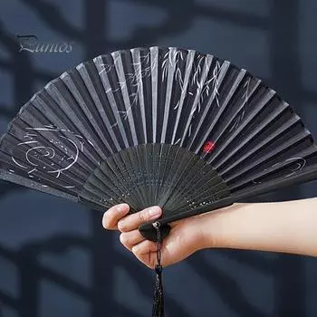 Складной веер из китайской ткани из искусственного шелка, элегантный ручной веер с изысканным принтом и кисточкой для танцев