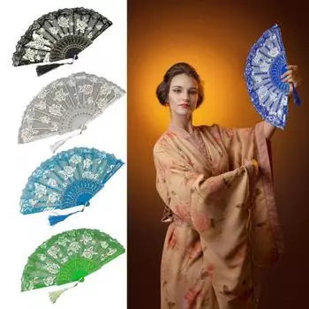Складной веер из розового кружева с кисточкой, винтажный свадебный танцевальный реквизит, реквизит для фотосессии, портативный летний ручной веер, товары для вечеринки, подарок озеро синий