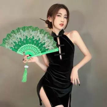 Складной веер с бронзовыми бабочками и элегантной кисточкой, полые ребра, подиумы, танцевальное представление, реквизит для фотосессии, портативный летний ручной веер A розы красного