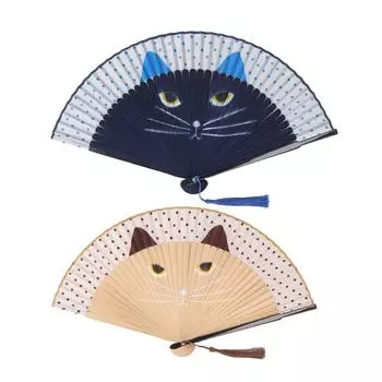 Складной веер с изображением мультяшного кота, бамбуковая рамка, кисточка, украшение, расписанный веер для рук, для повседневной жизни, танцы Brown Cat