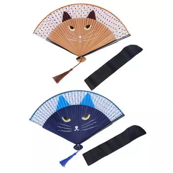 Складной веер с изображением мультяшного кота, женский, ручной, декоративный, японский, винтажный, бамбуковый, с кисточкой, чехол для Danci Blue
