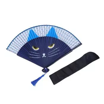 Складной веер с изображением мультяшного кота, женский, ручной, декоративный, японский, винтажный, из бамбука с кисточкой, чехол для синий