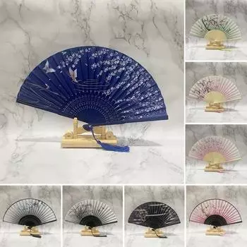 Складной веер с кисточкой, китайский бамбук, ручная роспись, цветочный принт, принт в виде листьев, танцевальное представление, реквизит для фотографий F