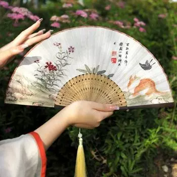 Складной веер в китайском стиле из бамбука в форме скелета для танцев ханьфу, цветочный танцевальный веер Style1