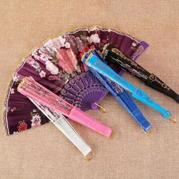 Складной веер в китайском стиле, ручной веер из шелковой ткани с горячим тиснением и цветочным узором с золотым краем чёрный