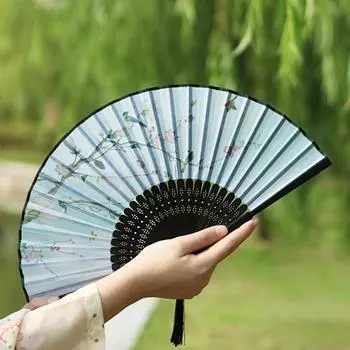 Складной веер в китайском стиле с имитацией цветка, винтажный бамбуковый женский шелковый ручной веер с узором D