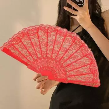 Складной веер в винтажном стиле, кружевной веер, элегантный ручной веер для вечеринки, свадьбы, танца, украшение для выступления красный