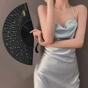 Складной веер «Звездное небо» с кисточкой в китайском стиле, танцевальное представление, реквизит для фотосессии, портативный летний бамбуковый ручной веер, товары для вечеринок, подарок чёрный