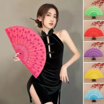 Складной вентилятор в китайском стиле, танцевальный вентилятор с павлином, портативный традиционный ручной вентилятор, реквизит для выступлений для дома красный