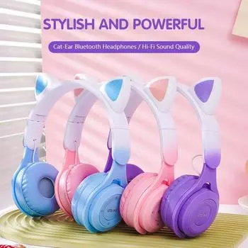 Складные беспроводные наушники Cute Cat Ear Bluetooth 5.2 Стерео игровая гарнитура с шумоподавлением Светодиодная градиентная Bluetooth-гарнитура для девочек с микрофоном