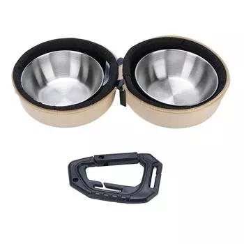 Складные двойные миски для собак Портативные дорожные миски из нержавеющей стали для еды и воды для домашних животных с сумкой из ЭВА и клипсой хаки