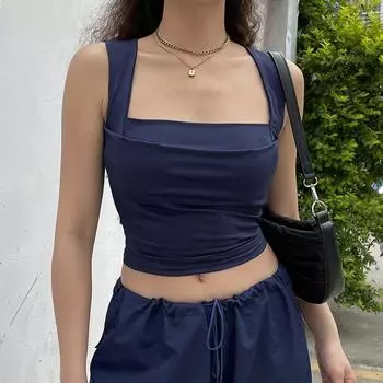 Складные майки для женщин, однотонные, элегантные, тонкие, сексуальные, в стиле Харадзюку, минималистичная одежда High Street Y2k, укороченные топы, дизайн S чёрный