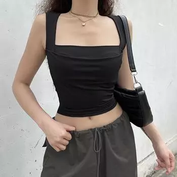 Складные майки для женщин, однотонные, элегантные, тонкие, сексуальные, в стиле Харадзюку, минималистичная одежда High Street Y2k, укороченные топы, дизайн S чёрный