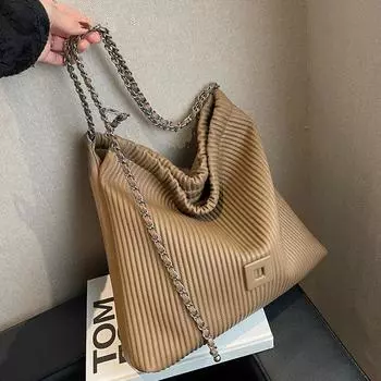 Складные сумки на плечо для женщин, новинка 2024 года, зимняя винтажная цепочка, кожаные сумки большой емкости, дорожная сумка-тоут хаки