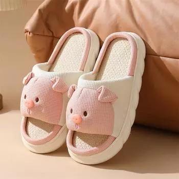 Складные ушки розовые свиньи набитые хлопковые женские туфли женские тапочки мультфильм домашняя уличная домашняя толстая льняная тапочки четыре сезона хлопковые льняные тапочки 36 розовый