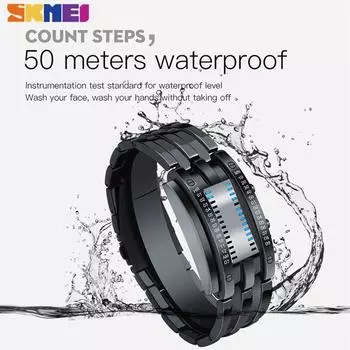 SKMEI 0926 Мужские креативные спортивные цифровые часы с ремешком из нержавеющей стали 5 бар, водонепроницаемые наручные часы со светодиодным дисплеем Large серебряный