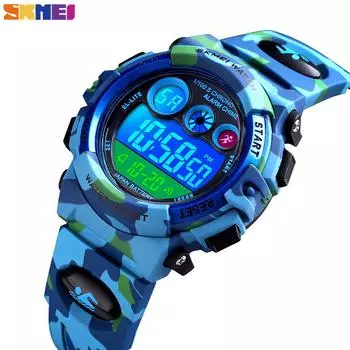 SKMEI Детские часы Водостойкий будильник PU ремешок LED Спортивные цифровые камуфляжные наручные часы