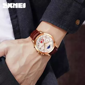 Skmei Классические деловые мужские кожаные часы 9236 с секундной индикацией и фазами Луны, многофункциональные мужские часы