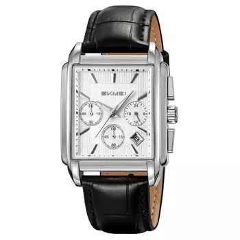 SKMEI квадратные часы с черным кожаным ремешком стильные наручные часы с хронографом водонепроницаемые брендовые аналоговые деловые повседневные часы роскошные подарочные серебряные часы для мужчин