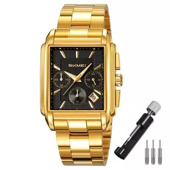 SKMEI квадратные часы стильные наручные часы из нержавеющей стали водонепроницаемые аналоговые деловые повседневные часы с хронографом роскошные настоящие золотые черные часы для мужчин мужские