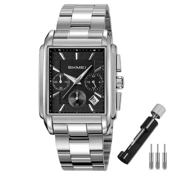 SKMEI квадратные часы стильные наручные часы из нержавеющей стали водонепроницаемые аналоговые деловые повседневные часы с хронографом роскошные настоящие серебристо-черные часы для мужчин