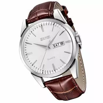 SKMEI Men s Quartz Watch Waterproof Brown Leather Strap Date Display Lightweight Casual Gift