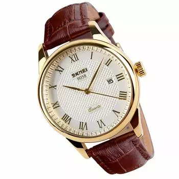 SKMEI Men s Quartz Watch Waterproof Brown Leather Strap Date Display Lightweight Casual Gift