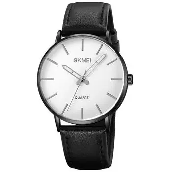 SKMEI Men s Quartz Watch Waterproof White Dial Black Leather Strap Lightweight Casual Gift