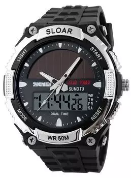 SKMEI Men s Watch Solar Powered Wtach Quartz Dual Time Sports Waterproof Watch Silver, Silver