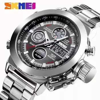 SKMEI Модные часы с двойным дисплеем Роскошные мужские часы 3Bar Водонепроницаемый ремешок из нержавеющей стали Luminou