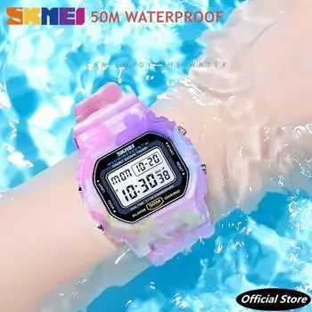 SKMEI модные красочные светодиодные спортивные цифровые часы водостойкие противоударные PU ремешок секундомер женские часы с сигнализацией 1627