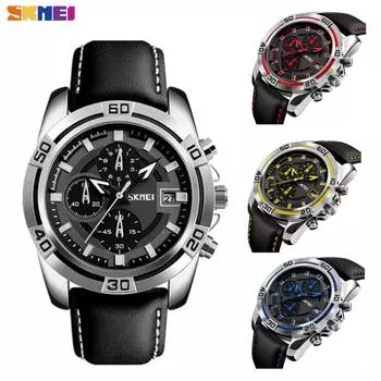 SKMEI Мужские кварцевые часы Модные роскошные кожаные водонепроницаемые деловые повседневные креативные наручные часы красный
