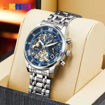 SKMEI Мужские повседневные часы Кварцевые деловые роскошные модные модные часы с дисплеем даты, отображением дня и ночи, кожаные мужские водонепроницаемые часы из нержавеющей стали 7039