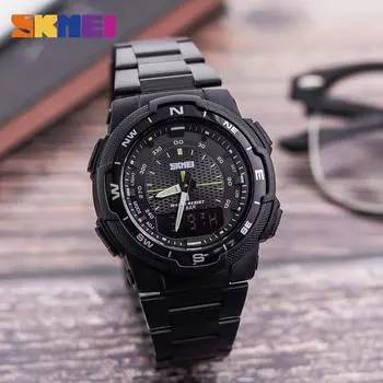 SKMEI Новые цифровые наручные часы с двойным дисплеем, мужские повседневные часы, водонепроницаемые часы с ремешком из нержавеющей стали серебряный